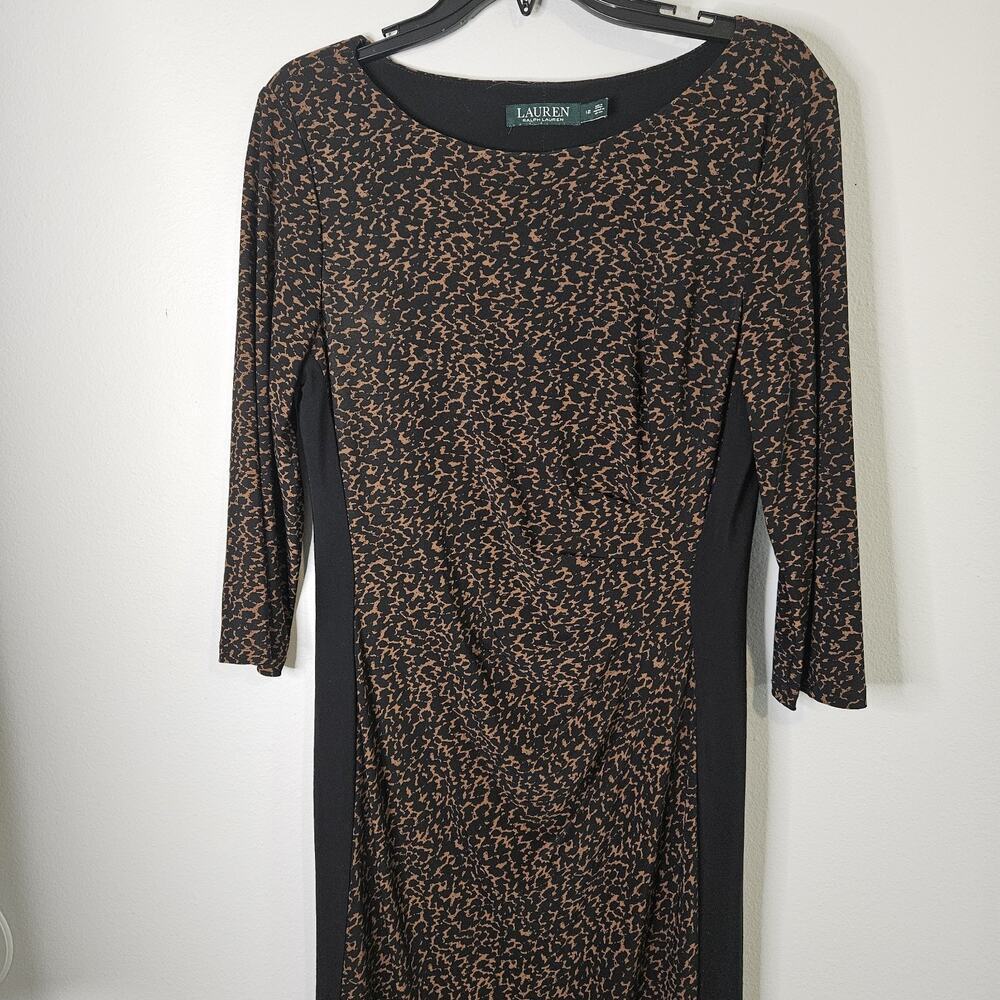 LAUREN RALPH LAUREN Midi Dress Women Size 12 Animal Print Ruched Stretch Lined
